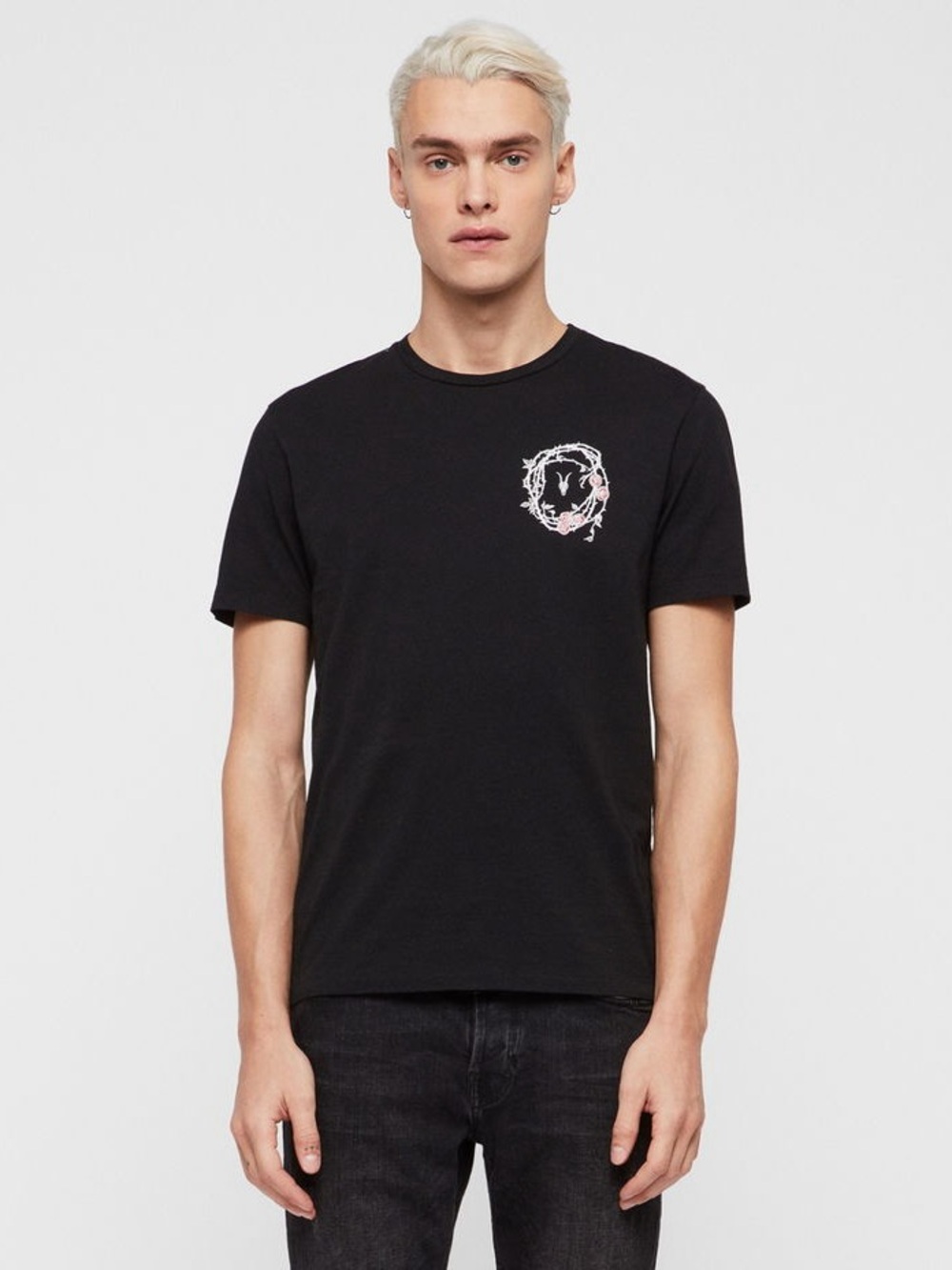 AllSaints Rose Skull Graphic Crew Neck T-Shirt Black Mens XS Goth Grunge